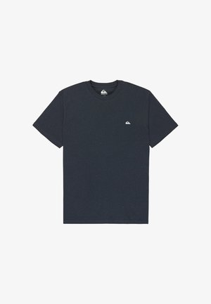 Dunkelblaues T-Shirt aus weicher Baumwolle mit kurzen Ärmeln und Rundhalsausschnitt. Kleines weißes Logo auf der oberen linken Brust.