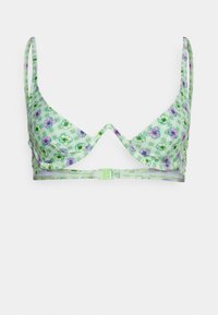 Top de bikini verde em padrão xadrez, com alças ajustáveis e fecho de gancho nas costas. Apresenta flores roxas e amarelas.
