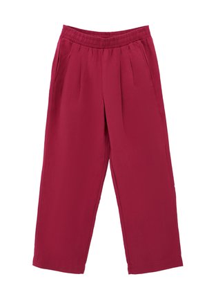 Pantalons rouges à jambes larges avec une taille élastique, dotés de plis à l'avant et d'une finition en tissu lisse et léger.