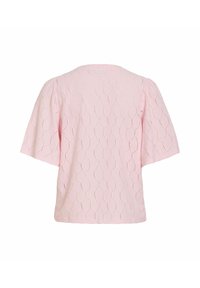 Haut rose clair à manches courtes avec un motif géométrique texturé et un col rond, vu de dos.