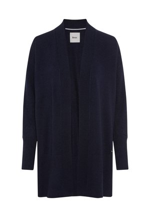 Dunkelblaues Cardigan mit geripptem Schalkragen und Bündchen, offenem Design und weichem Strickmaterial für Komfort und Wärme.
