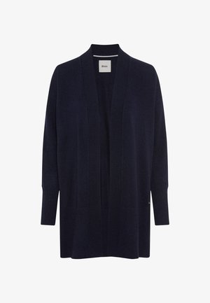 Cardigan marine foncé avec un col châle côtelé et des poignets, design à ouverture frontale et texture tricot douce pour le confort et la chaleur.