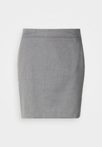 Jupe crayon grise au design ajusté, texture lisse et détail de couture subtil à la taille, sans fermetures ni embellissements visibles.