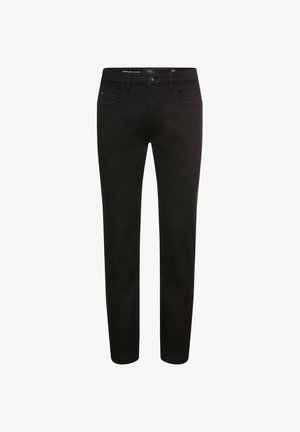 Schwarze Slim-Fit-Jeans mit Front- und Münztaschen, Knopfverschluss und Gürtelschlaufen, vor weißem Hintergrund präsentiert.