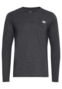 Langarmshirt in Dunkelgrau, leichtes Material, Rundhalsausschnitt, horizontale Nahtdetails, kleines Markenschild auf der Brust, lässiges Design.