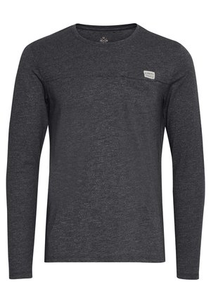 Langermet skjorte i mørkegrå, lett stoff, rund hals, horisontal sømdetalj, liten merkebånd på brystet, uformelt design.