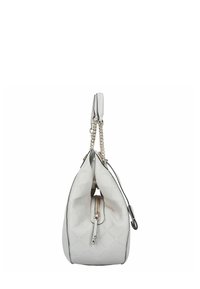 Borsa in pelle bianca con motivo logo testurizzato, forma arrotondata, tracolla a catena e pelle, chiusura con zip e dettagli di rifinitura neri a contrasto.