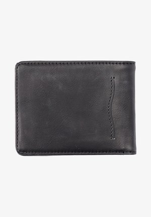 Portefeuille en cuir noir au toucher lisse, avec un design simple et un motif de couture décoratif le long du bord pour un détail supplémentaire.