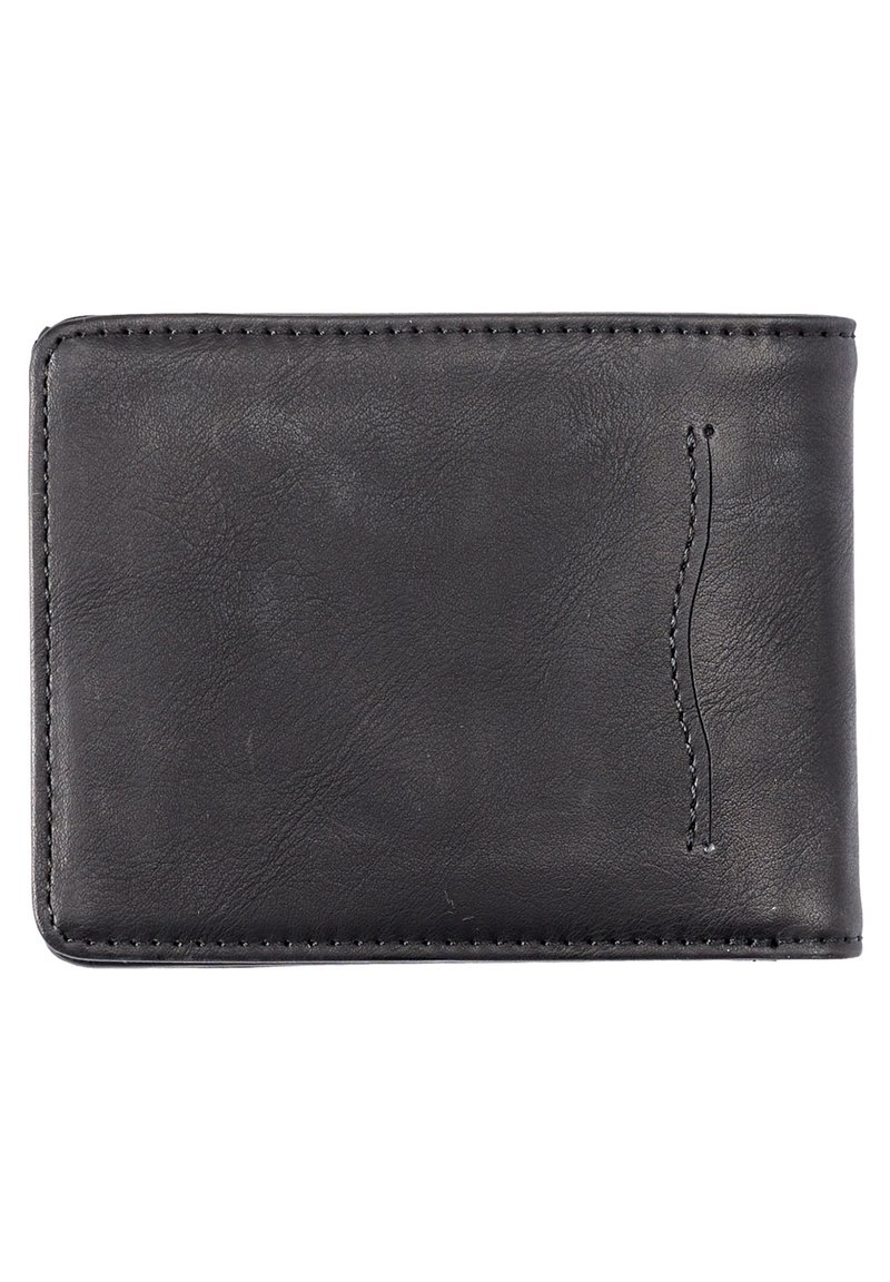 Zwarte leren portemonnee met een gladde textuur, eenvoudig ontwerp en een decoratief stiksels patroon langs de rand voor extra details.