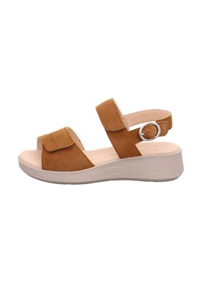 Braune Wildleder-Wedgesandalen mit zwei verstellbaren Riemen und einem runden Metallakzent. Die Sohle hat ein strukturiertes, welliges Design.