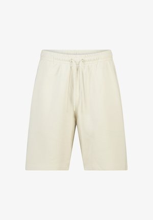 Beige knielange Shorts mit elastischem Bund und zentralem Kordelzug, gefertigt aus weichem Stoff, der sich für lässige Kleidung eignet.