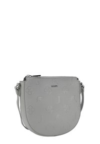 Borsa a tracolla in pelle grigia con motivi floreali embossati e logo. Dotata di chiusura con zip e tracolla regolabile. Forma rotonda con superficie liscia.