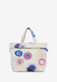 Borsa in tela con motivi circolari multicolori in rosa, blu e viola. Presenta due manici superiori e un design pieghevole.