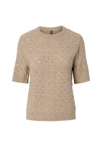 Pull en maille beige à manches courtes avec un délicat motif en dentelle et des finitions côtelées aux manches, à l'encolure et à l'ourlet.