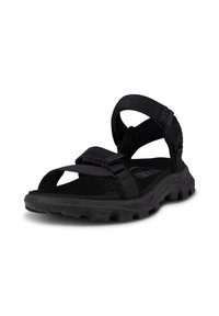 Mustat sandaalit, joissa on säädettävä hihnasuunnittelu, teksturoitu pohja ja kumipohja. Ominaisuuksiin kuuluu minimalistinen rakenne, joka soveltuu ulkokäyttöön.