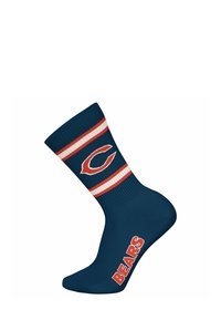 Mørkeblå sokker med hvide og orange striber; har et hvidt Chicago Bears-logo og "BEARS" tekst i orange på siden.