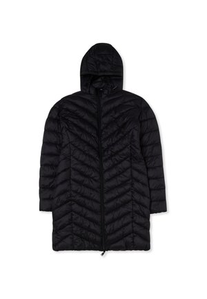 Cappotto puffer nero con cappuccio, caratterizzato da un design a trapunta a forma di chevron, zip frontale a tutta lunghezza e una silhouette leggermente oversize.