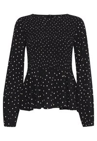 Schwarze Bluse mit langen Ärmeln, die ein gerafftes Oberteil und cremefarbene Punkte aufweist. Der ausgestellte Saum verleiht Volumen; glattes, leichtes Material.