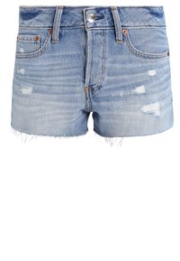 Pantaloncini di jeans azzurri con orli sfrangiati, toppe consumate, bottone frontale, zip e design a cinque tasche.