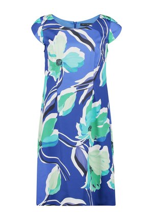 Niebieska sukienka z krótkimi rękawami typu kopertowego, ozdobiona dużym zielonym i białym kwiatowym wzorem oraz zamkiem z tyłu przy dekolcie.