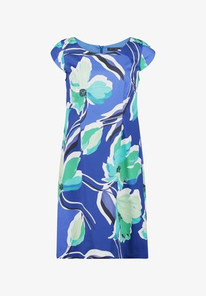 Robe bleu à manches courtes avec une grande impression florale verte et blanche et une fermeture éclair au niveau de l'encolure arrière.