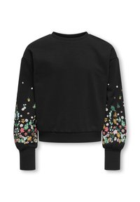 Svart sweatshirt med långa ärmar som har livfull blomsterbroderi i olika färger på ärmarna. Mjuk tyg och ribbade muddärmar.