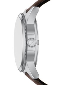 Boîtier de montre en acier inoxydable argenté avec une finition lisse, featuring une couronne texturée. Bracelet en cuir marron au design minimal.