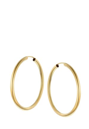 Two smooth, thin gold hoop earrings with a small clasp closure on a white background.