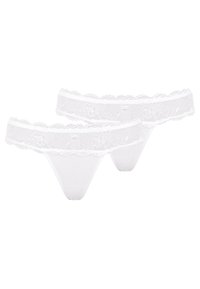 Weißes Spitze-Thong-Unterwäsche-Set mit floralem Muster und gewellten Kanten. Weicher Stoff mit elastischem Bund und minimalem Schnitt.