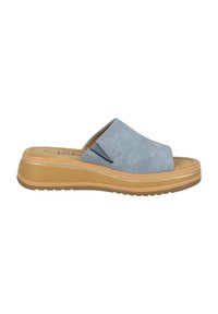 Sandali blu chiaro in suede, slip-on, con un'ampia apertura sulla punta, un accento blu scuro, una soletta imbottita e una suola platform beige con battistrada testurizzato.