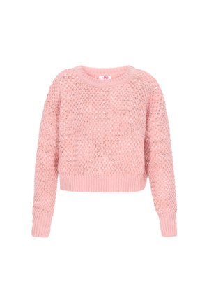 Roze gebreide trui met een losse pasvorm, featuring een gestructureerd ruitpatroon, ronde halslijn en geribbelde manchetten en zoom.