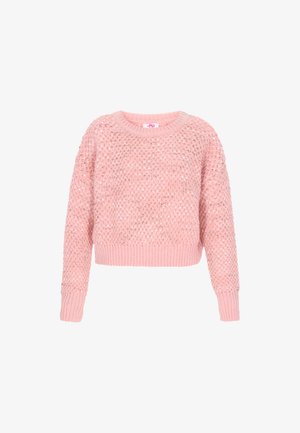 Roosa kootud sviiter, millel on vabalt langev lõige, tekstuuriga rombimuster, ümar kaelus ning soonikkäised ja -äär.