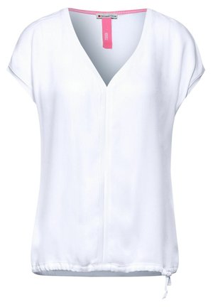 Weiße kurzärmelige Bluse mit V-Ausschnitt, lockerem Schnitt und verstellbarem Kordelzug am Saum, zeigt ein pinkes Innenkragenetikett.