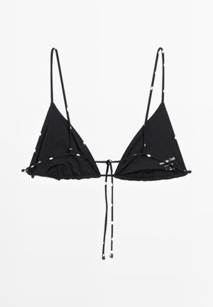 Black triangle bikini top with thin adjustable shoulder straps and tie closure at front center, featuring subtle white dot pattern.