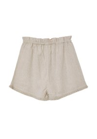 Shorts beiges en tissu texturé avec une taille élastique et un ourlet effiloché. Design simple et longueur au-dessus du genou sans poches.