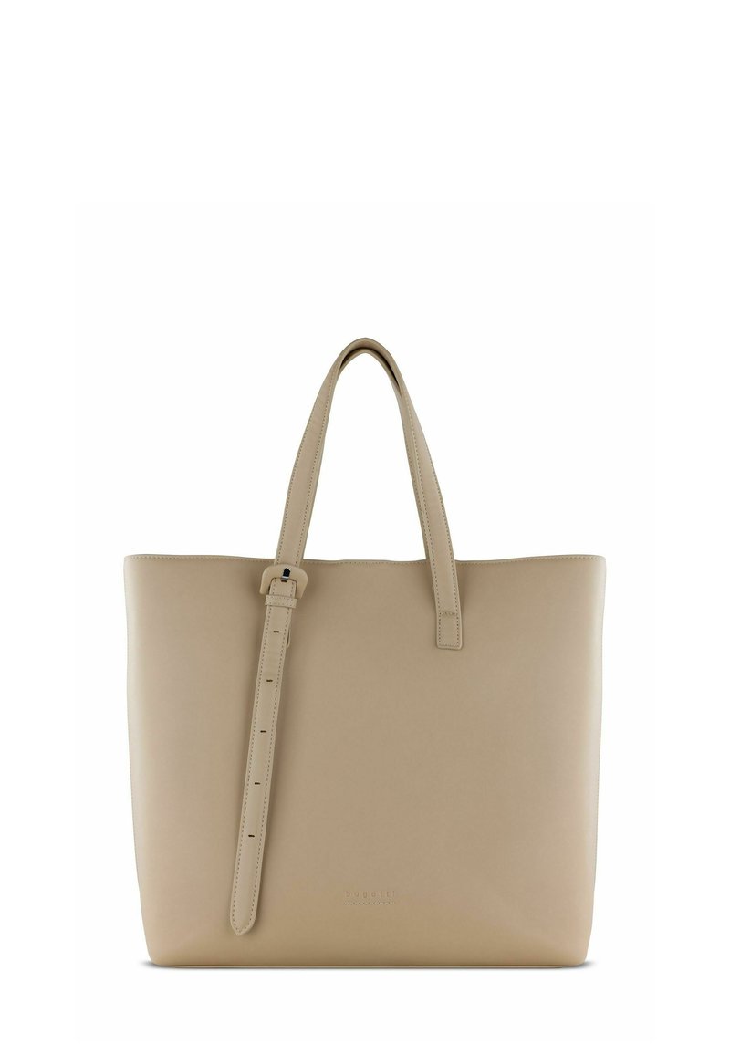 Borsa tote in pelle beige con una texture liscia, forma rettangolare, fondo piatto e due manici lunghi. Dotata di una tracolla regolabile e dettaglio del logo.