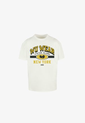 White cotton t-shirt featuring bold black and yellow WU WEAR graphic, "Staten Island" and "New York 1995" wording printed below.