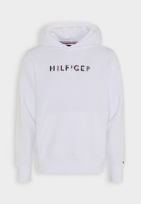 Felpa bianca con cappuccio, tasca frontale, coulisse sul cappuccio e la parola "HILFIGER" in lettere colorate su sfondo blocco sul petto.