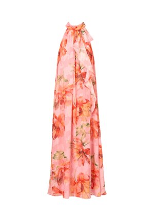 Dlouhé růžové šaty s halter výstřihem, velkým oranžovým květinovým potiskem a volánkovým detailem podél přední strany.