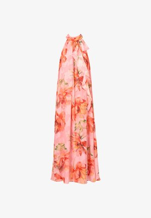 Robe longue rose à col licou avec grand imprimé floral orange et détail de volants sur le côté avant.