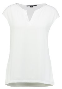White, short-sleeve blouse made of lightweight fabric with a V-neckline and a straight hem, featuring a soft texture and simple design.