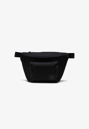 Black fabric fanny pack with a zippered front pocket, adjustable strap, and a small label. Smooth texture and sleek design.