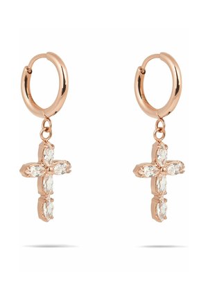 Creolen in Roségold mit hängenden Kreuz-Anhängern, besetzt mit klaren, marquiseförmigen Edelsteinen.