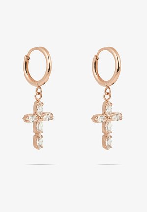 Rosa guld øreringe med hængende kors vedhæng, sat med klare marquise-slebne ædelsten.
