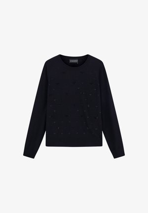 Maglione blu navy con maniche lunghe, scollo rotondo e motivo testurizzato di piccoli motivi sottili sul davanti. Tessuto morbido.