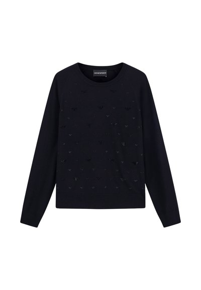 Maglione blu navy con maniche lunghe, scollo rotondo e motivo testurizzato di piccoli motivi sottili sul davanti. Tessuto morbido.