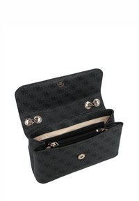 Černé kožené psaníčko s texturovaným povrchem, zlatým kováním a rozděleným vnitřkem se zipovou kapsou. Uzavírá se klipem.