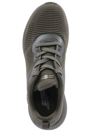 Olive green Skechers athletic shoe with ribbed knit upper, lace-up front, and cushioned collar viewed from above.