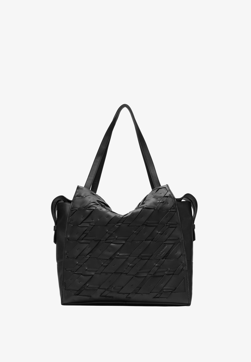 Sac à main noir avec un design tissé texturé. Il dispose de deux poignées robustes et d'une forme structurée. Fini en cuir lisse avec des accents minimalistes.