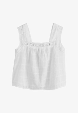 Valge varrukateta pluus ruudukujulise kaelusega, pitsdetail ja peene ruudulise tekstuuriga, kerge kangaga.